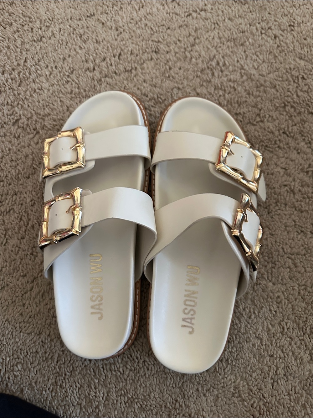 Jason Wu White Sandal Slides with Gold Buckles